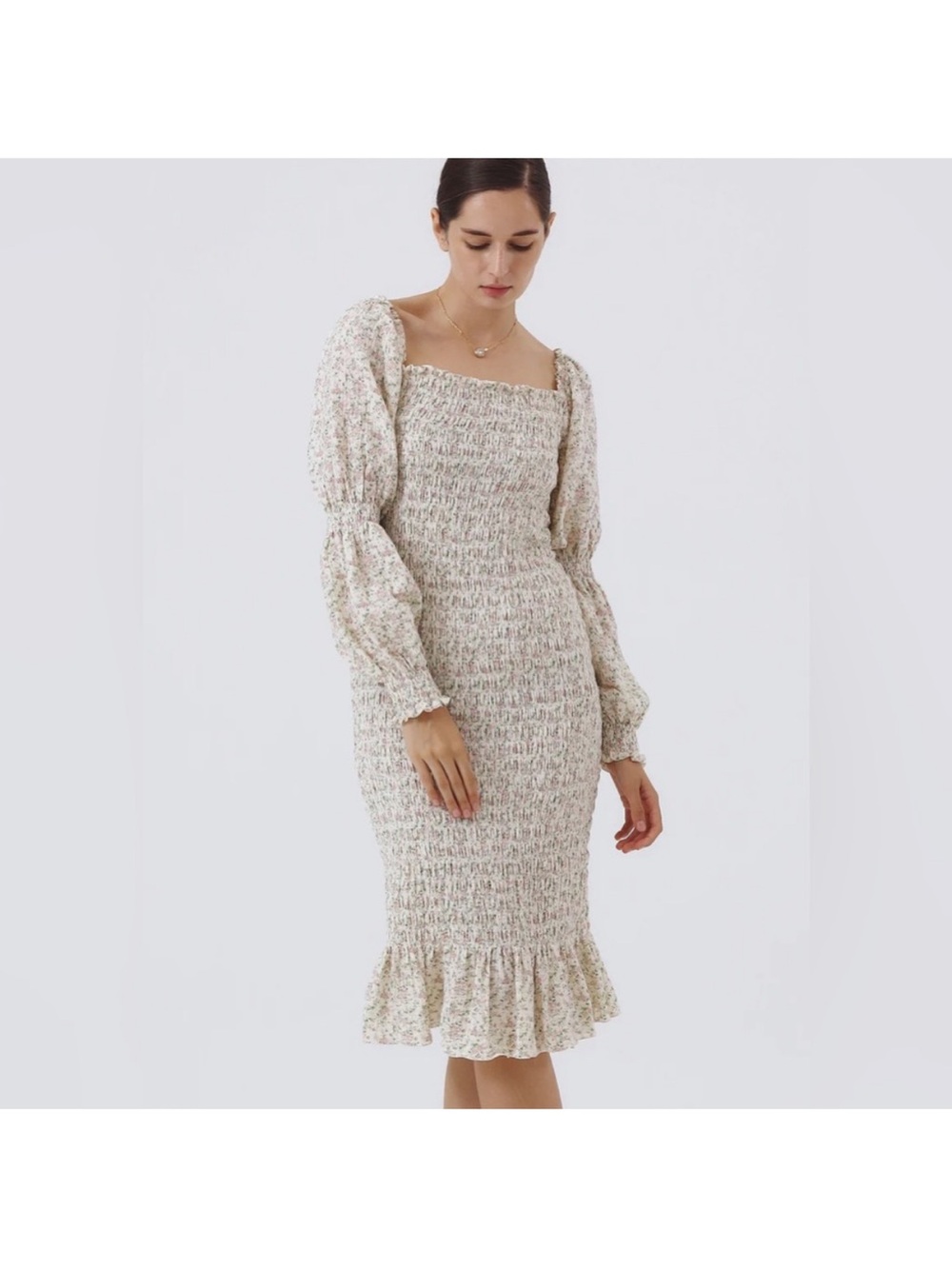 Nothing Fits But Plaid Smocked Off-Shoulder Midi Dress Puff Sleeve S/M Maternity - Picture 7 of 7